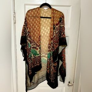 Free People Black Gold Turquoise Burnout Kimono OS